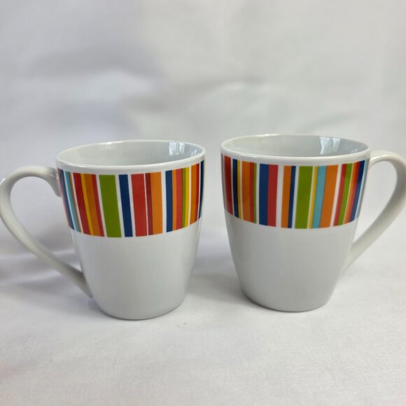 TWO Tabletops Gallery Westwood Mugs White Multicolor Stripes - Picture 1 of 10